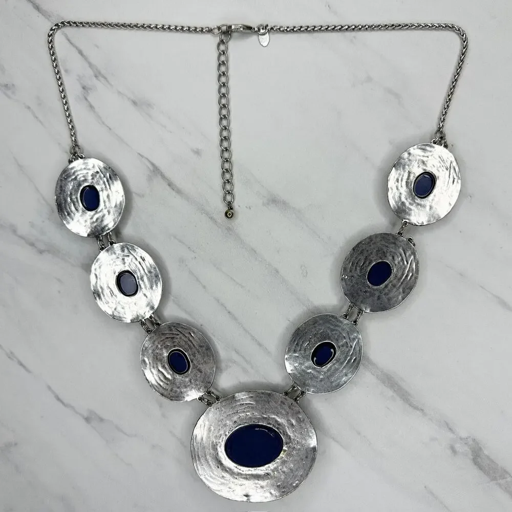 Chico's Blue Cabochon Silver Tone Disc Station Bib Necklace ✨ - Picture 3 of 11